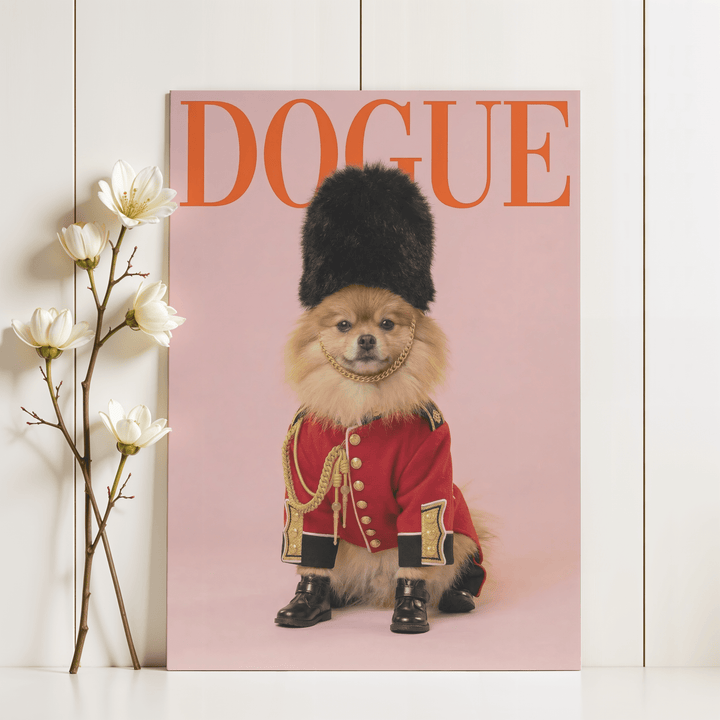 Pomeranian Poster Print leaning on a white shelf with white flowers nearby