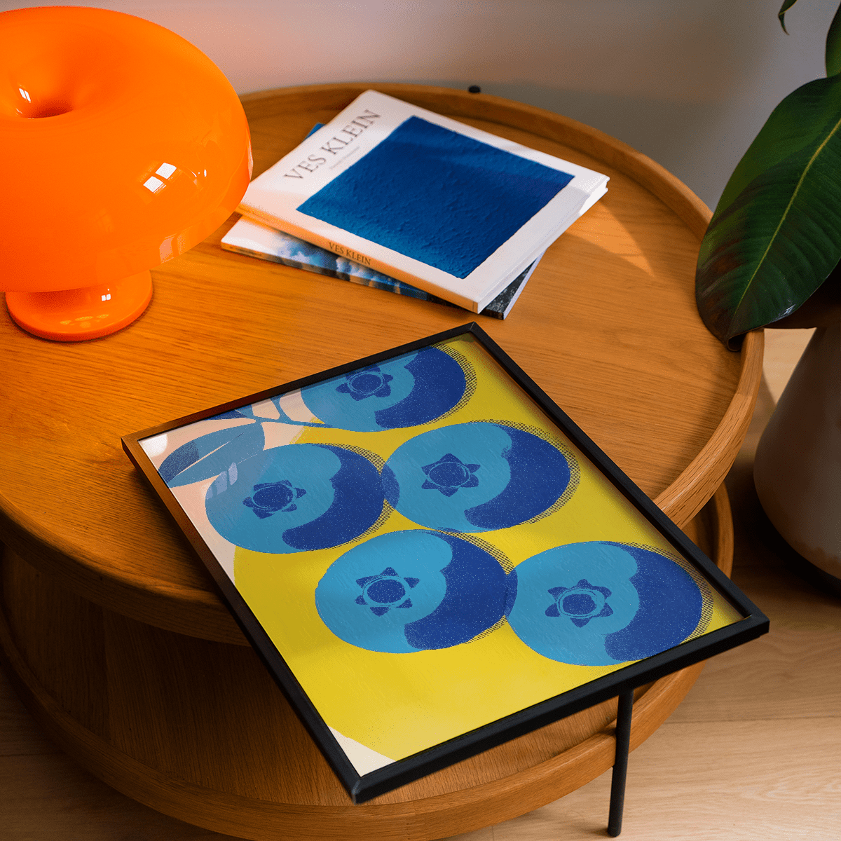 Blueberry Wall Art vibrant Blue with Yellow for modern kitchen print