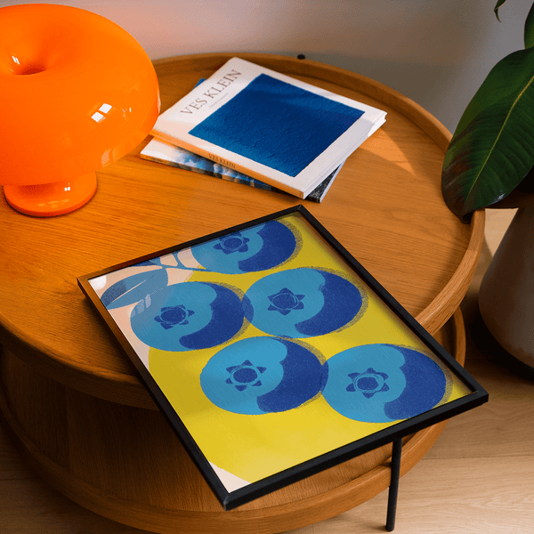 Blueberry Wall Art vibrant Blue with Yellow for modern kitchen print