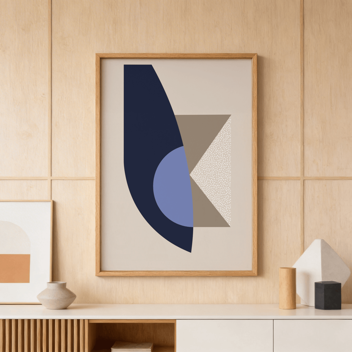 Minimalist geometric wall art print with large arc and triangle shapes