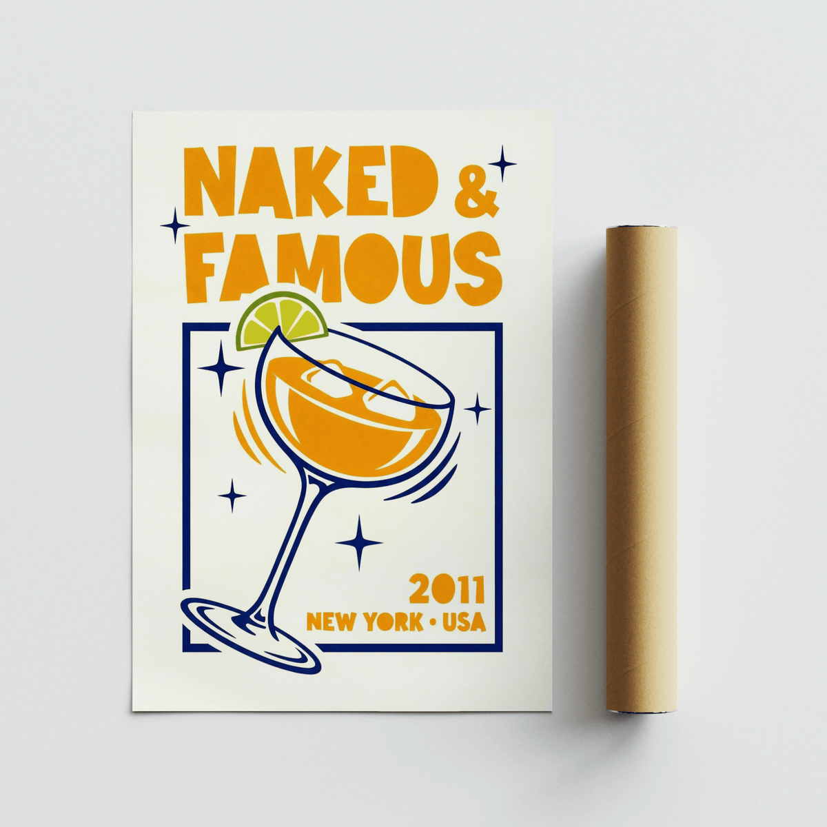 Naked & Famous Cocktail Art Orange and Blue design for dining room poster
