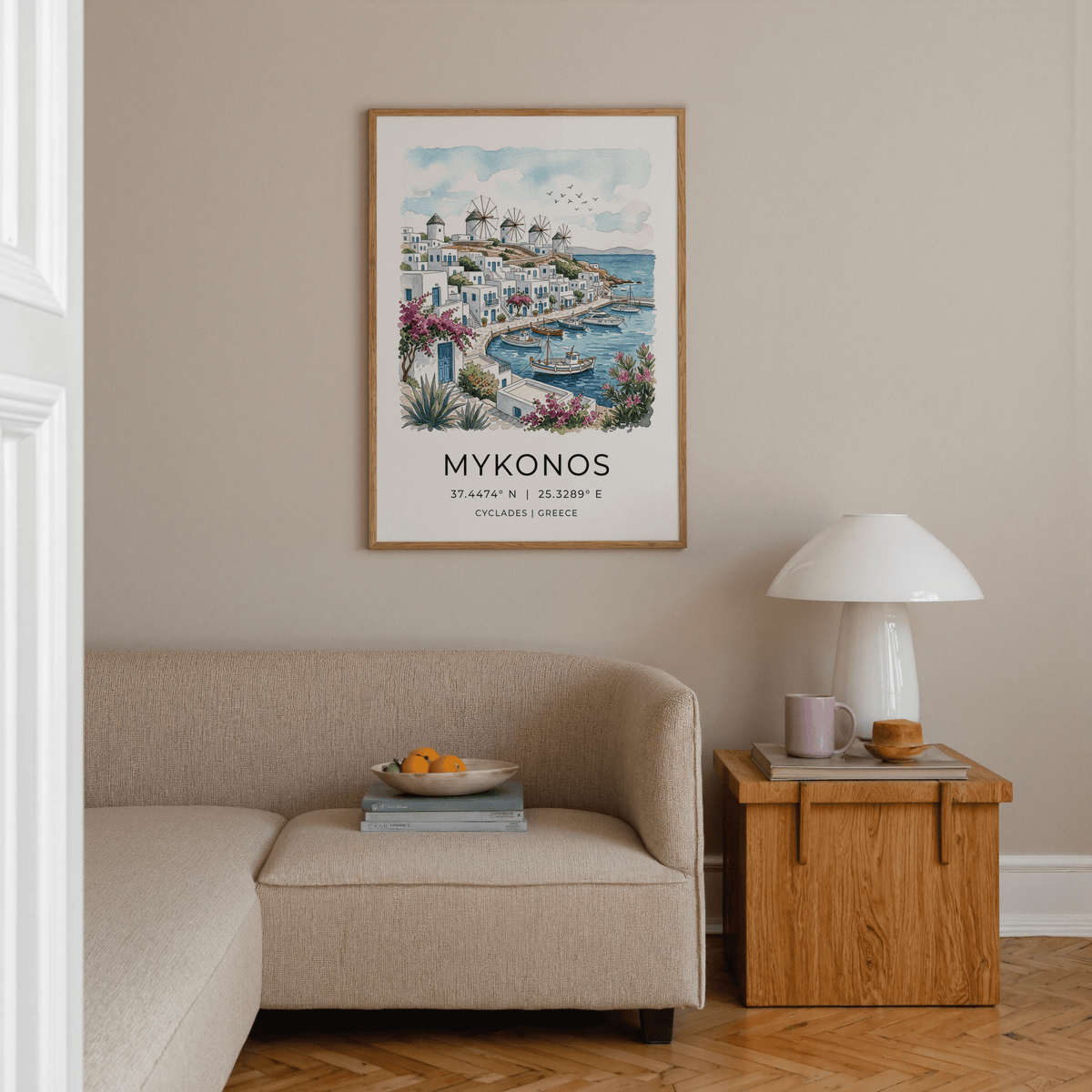 Mykonos travel wall art print with windmills above white village by the water