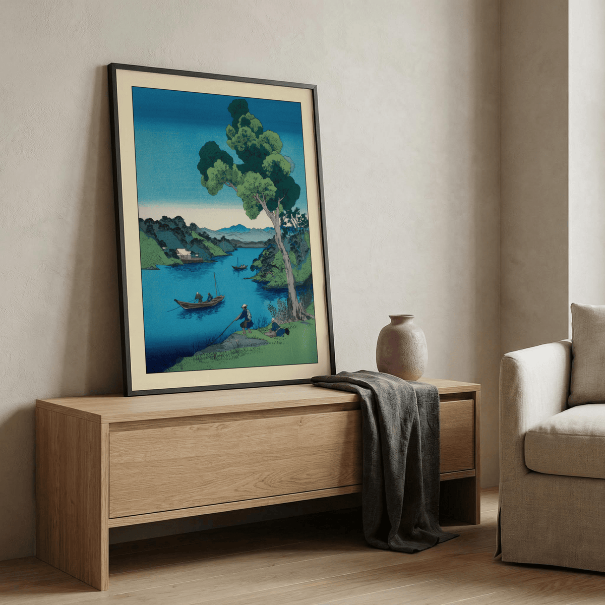 Woodblock-inspired bay scene poster showing calm water and sky