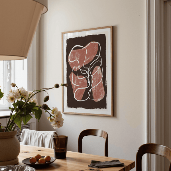 Modern abstract poster print with layered rounded shapes, rough-edged border, and white line drawing