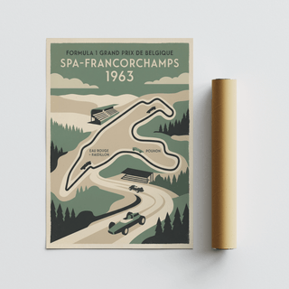 Map-style racing poster print with stylized landscape, clouds, and cars