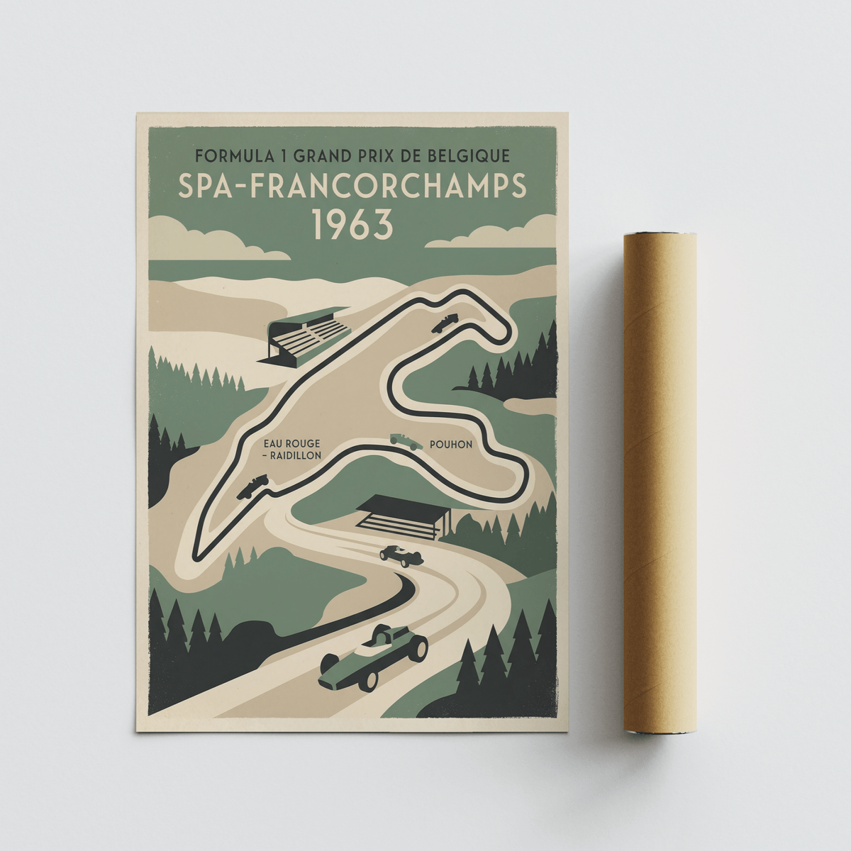 Map-style racing poster print with stylized landscape, clouds, and cars
