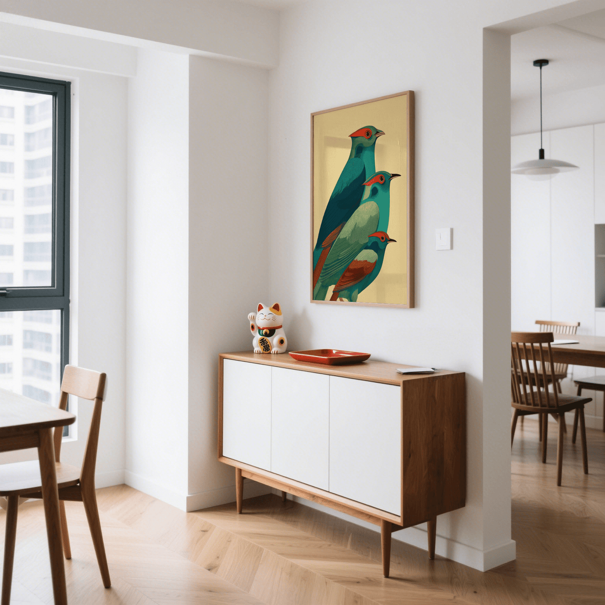 Colorful Bird Art Print with three stacked birds, streamlined beaks, and fine feather lines