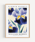 Blue iris flower print with golden accents for tranquil spaces
