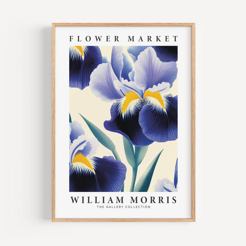 Blue iris flower print with golden accents for tranquil spaces
