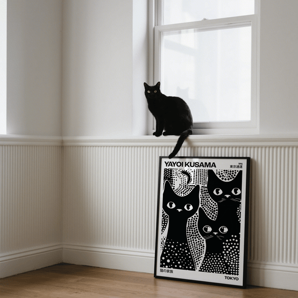 Black Cats Poster with abstract polka dot design