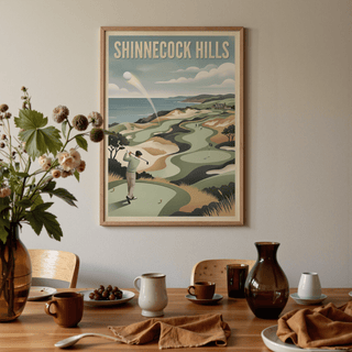 Typography-forward golf poster print with bold headline text above course vista