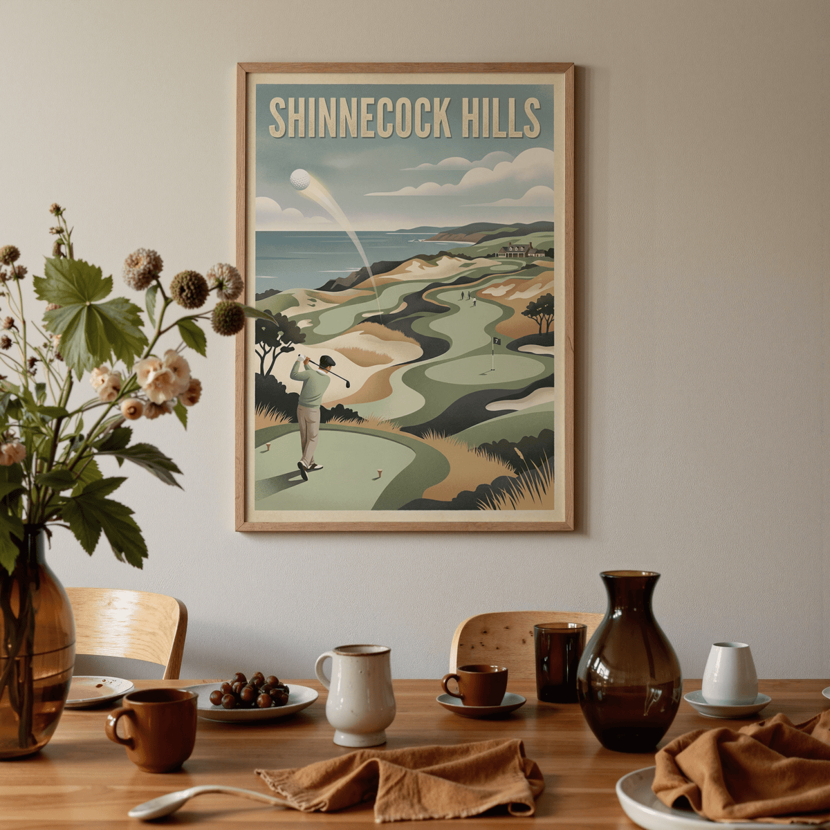 Typography-forward golf poster print with bold headline text above course vista