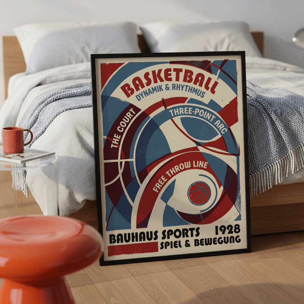 Typographic sports artwork highlighting three-point arc lettering and grid lines
