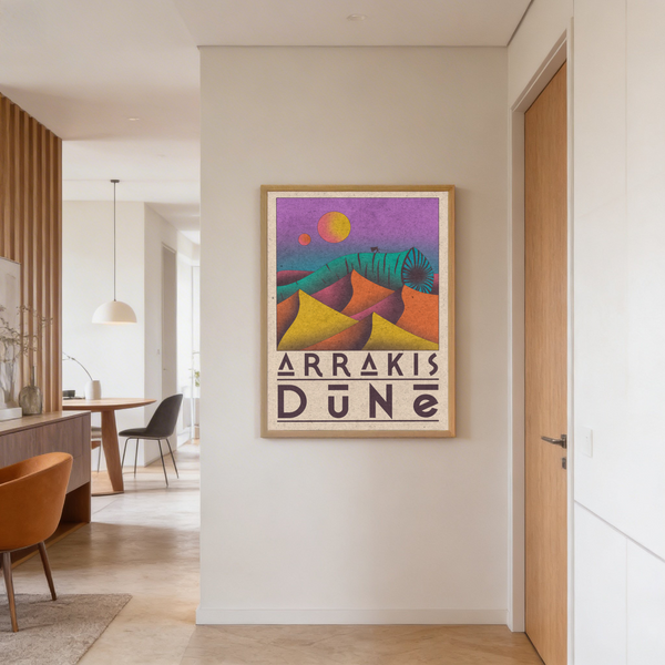 Retro travel-style desert poster print showing layered hills, central horizon, and large title text