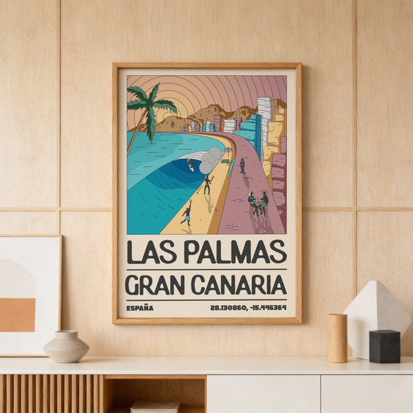 Las Palmas Art Print with curling wave and city skyline
