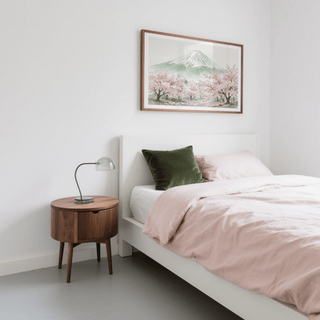 Panoramic view of Mount Fuji behind clustered sakura displayed in modern interior
