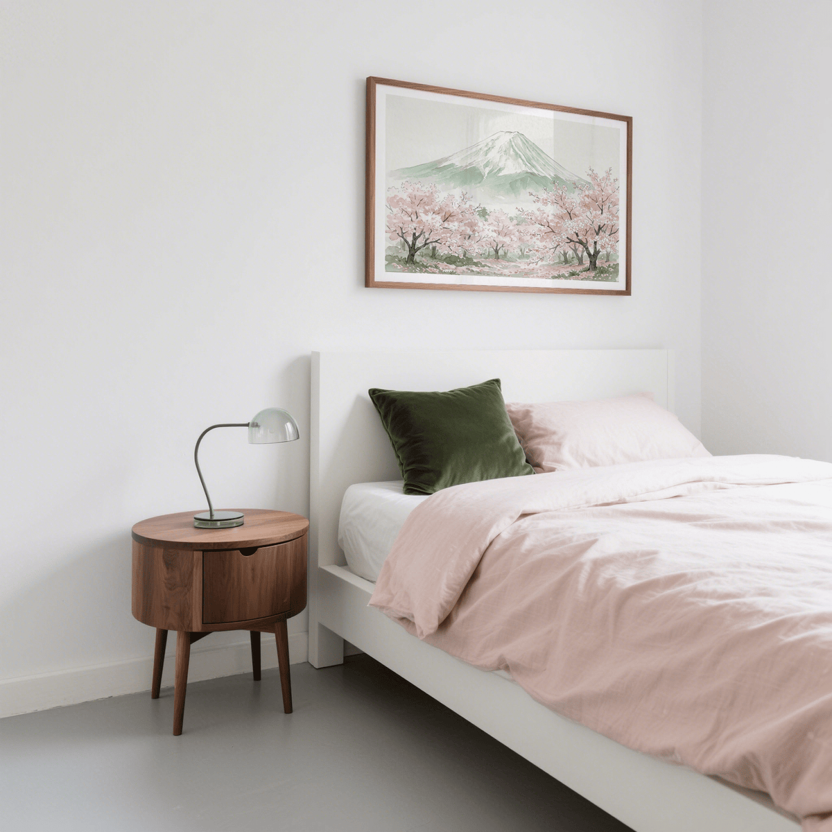 Panoramic view of Mount Fuji behind clustered sakura displayed in modern interior