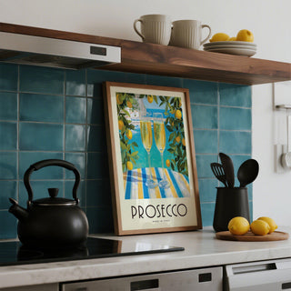 Italian bar wall art featuring prosecco and lemon trees