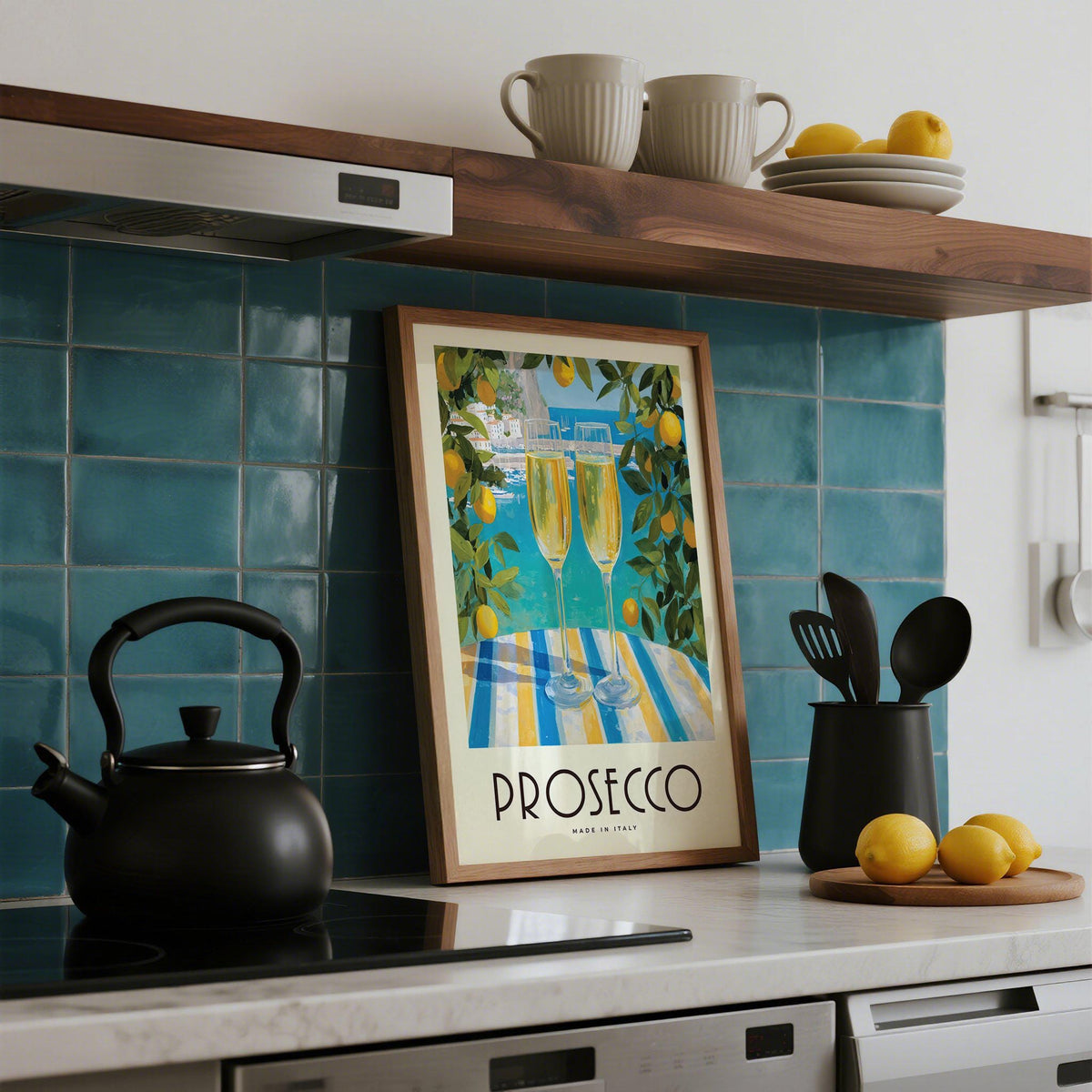 Italian bar wall art featuring prosecco and lemon trees