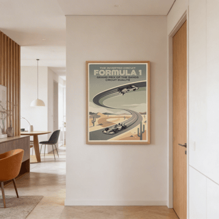 Retro motorsport wall art print with winding track perspective, cacti in the foreground, and large title text