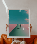 Minimal wall art print depicting a single cyclist riding toward the horizon with wide sky and clouds