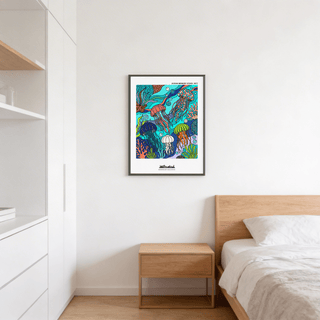 Colorful aquatic illustration print with jellyfish, bubbles, and reef motifs