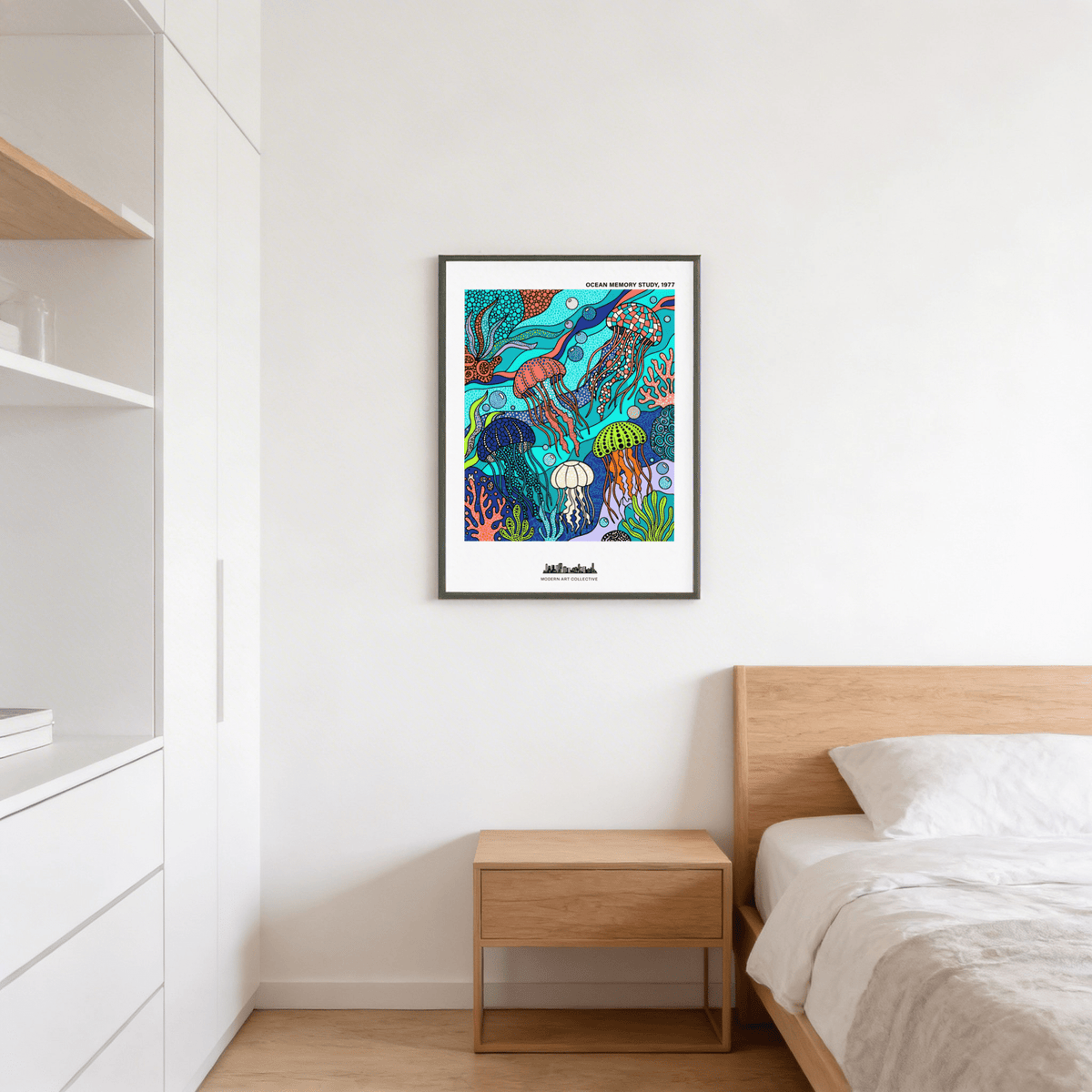 Colorful aquatic illustration print with jellyfish, bubbles, and reef motifs