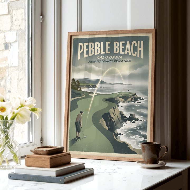 California Coastal Golf Print framed close-up showing a coastal golf scene with green tones on a windowsill with a cup