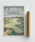 Vintage travel poster style golf scene print with dunes and shoreline backdrop