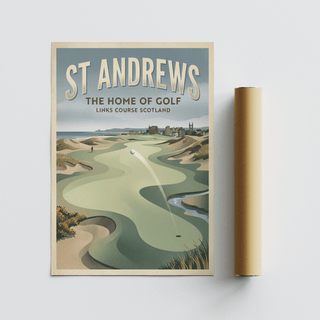 Vintage travel poster style golf scene print with dunes and shoreline backdrop