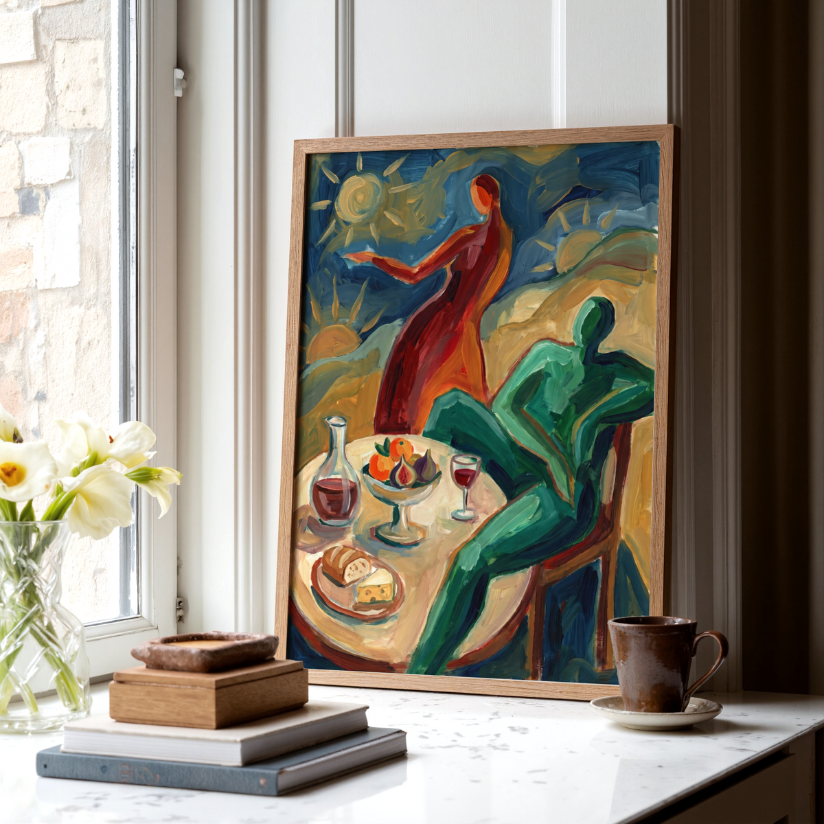 Side view of framed Dining Scene Wall Art hung in kitchen