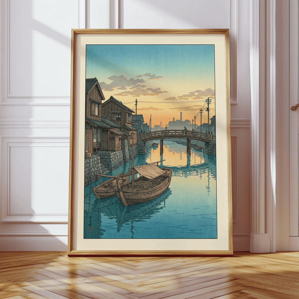 Wooden boat tied along stone embankment under soft Brown sky