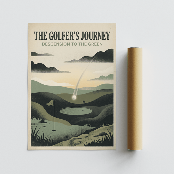 Retro golf landscape poster print with textured shading and negative space in the sky