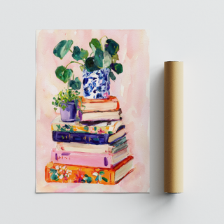 Home office wall art print of books stacked with botanical leaves and vase detail