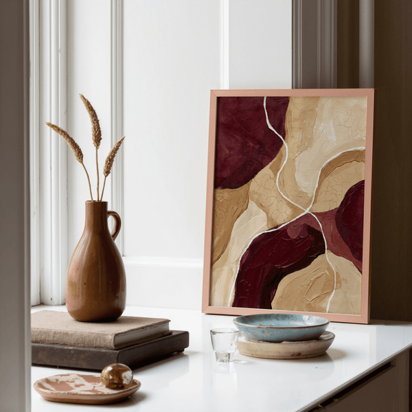 Abstract Burgundy Print wall art, textured red and beige for hallway