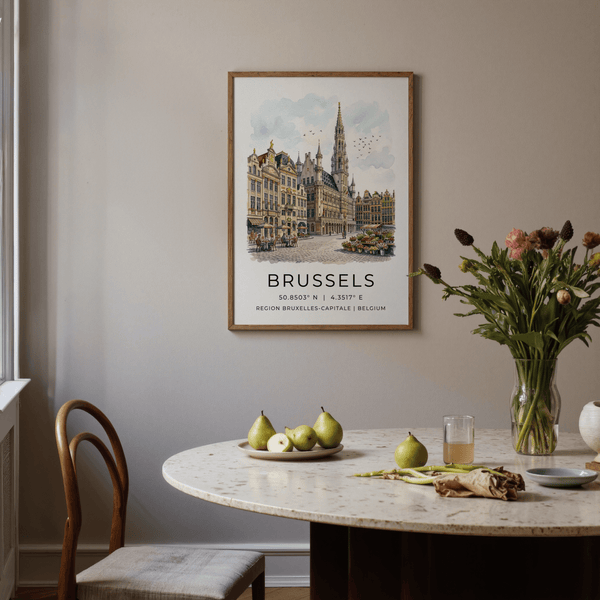 Gouache illustration of medieval Brussels tower flanked by market umbrellas
