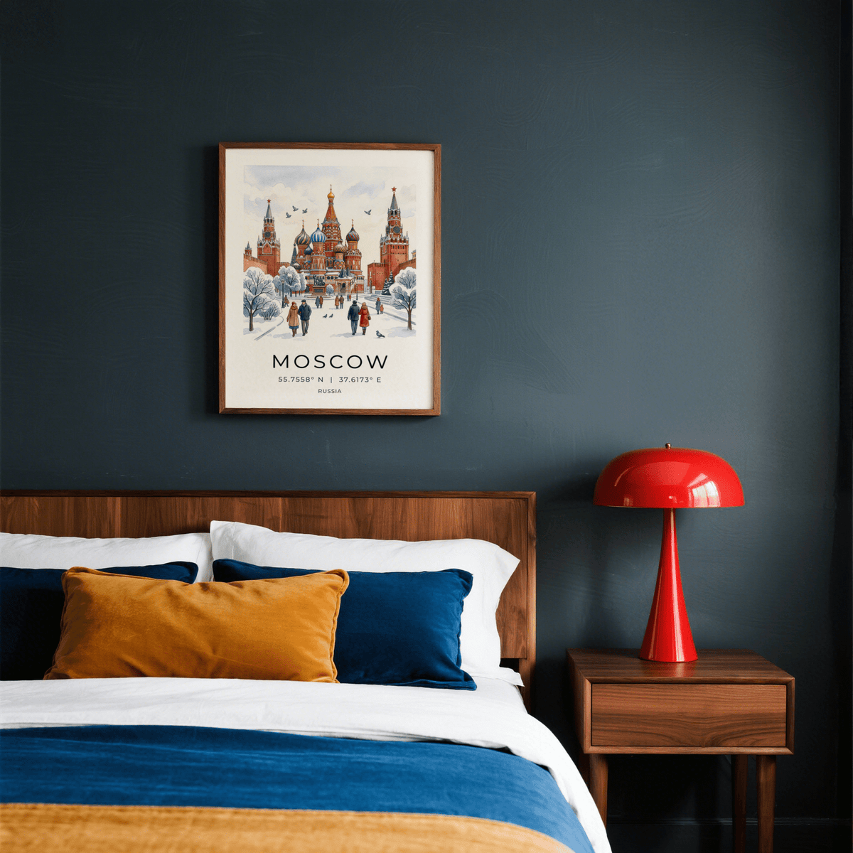 Detailed Moscow City Art Print poster with cathedral domes, trees, and location text