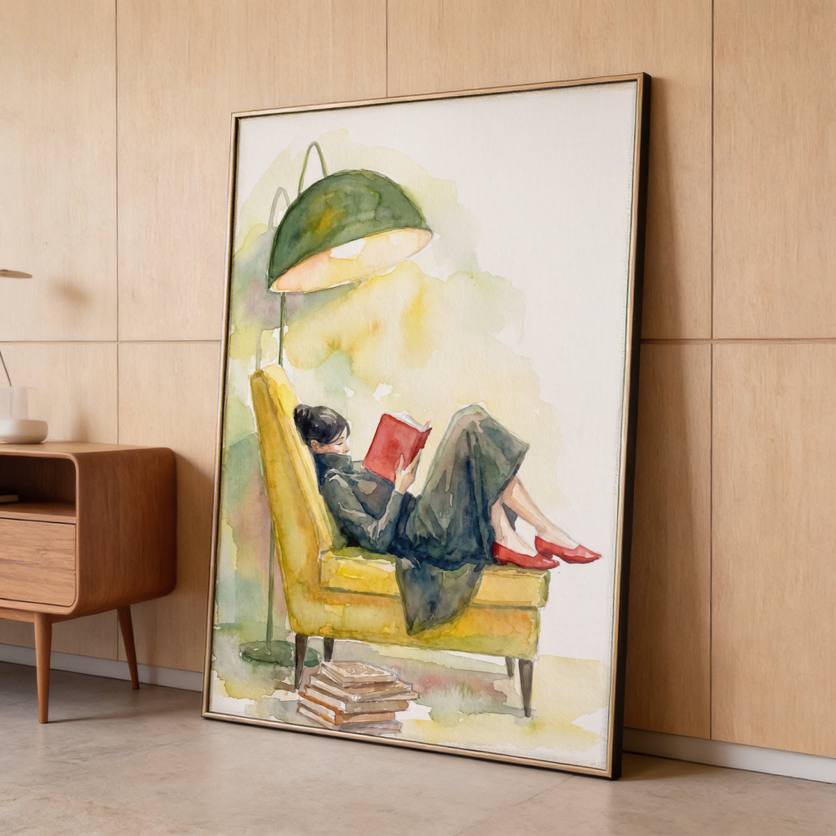 Cozy scene wall art with curved lamp, stacked books, and lounging figure