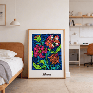Illustrated floral wall art print featuring dot textures and mosaic-like segments