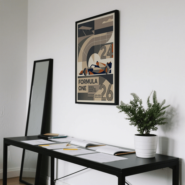 Modern motorsport wall art print with large 24 and 26, grid overlay, and minimal car silhouette