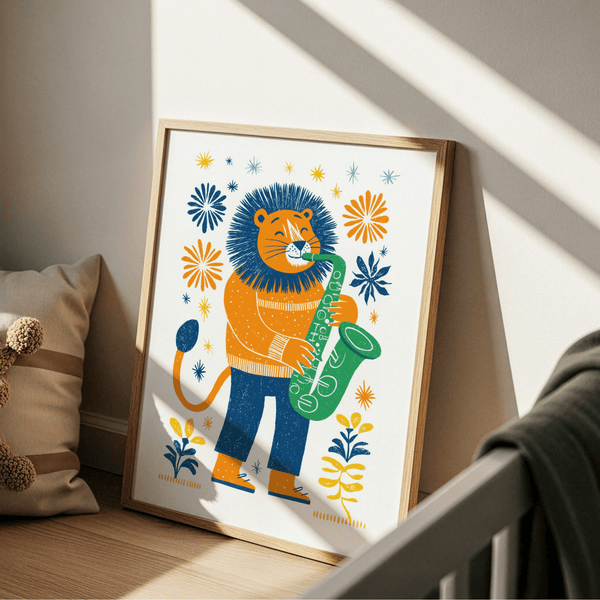 Saxophone Lion Art Print, multicolored, playroom decor, art print