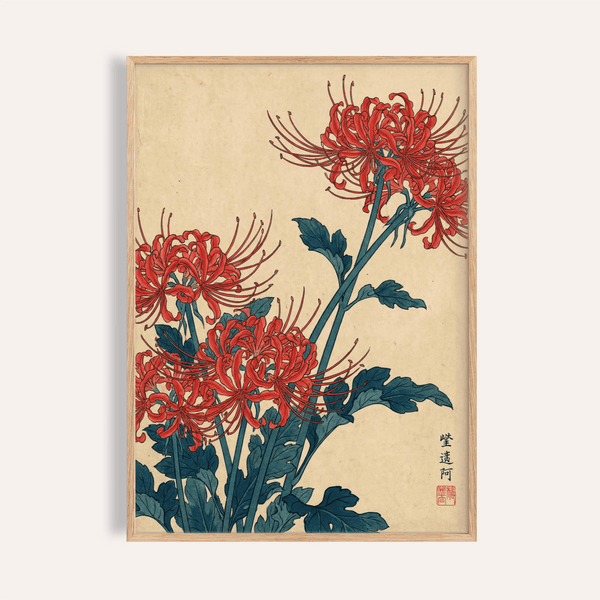 Japanese Floral Wall Art in red and blue for living room art print