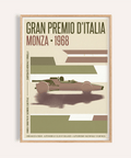 Bold typography Monza Grand Prix Poster print with 1968 date and Formula 1 car silhouette