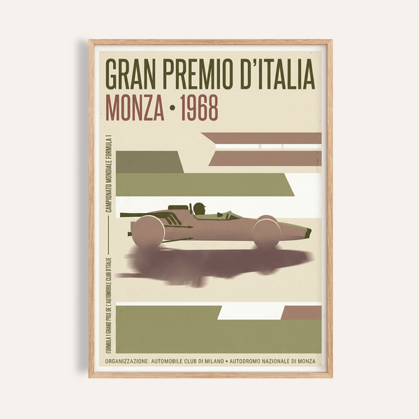 Bold typography Monza Grand Prix Poster print with 1968 date and Formula 1 car silhouette