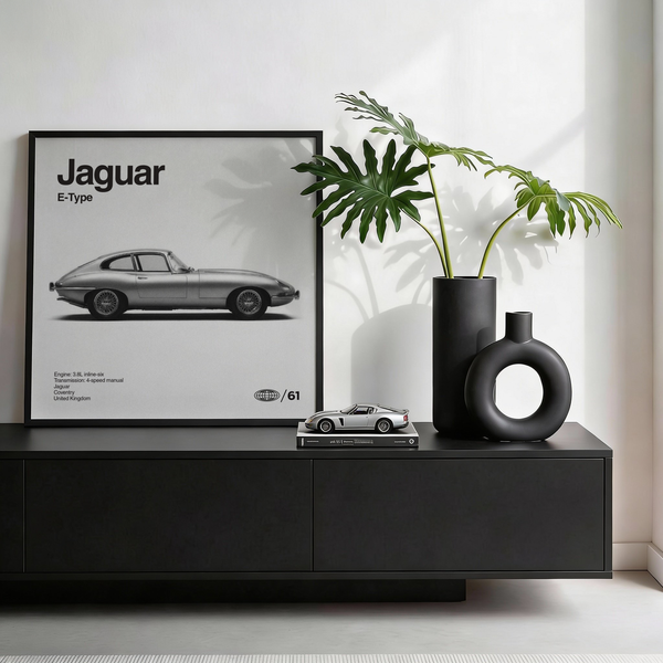 Jaguar E-type Print poster, classic Black, White, and Gray for den