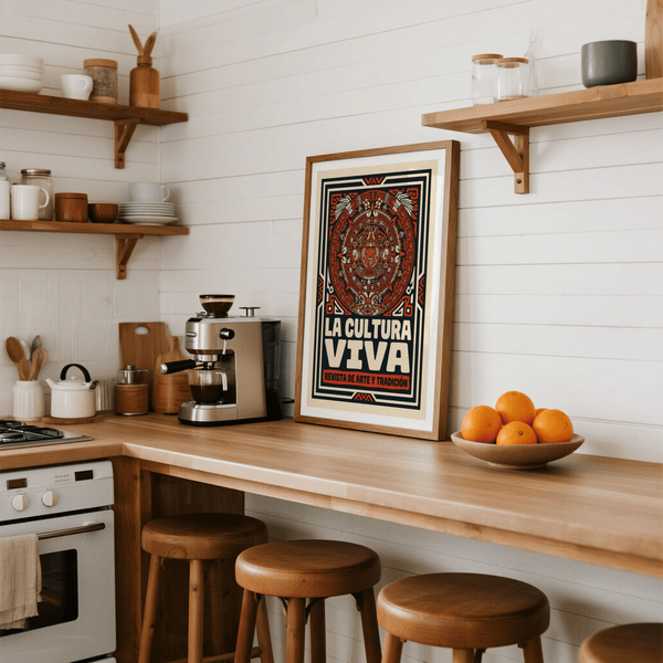 Close-up of Aztec Culture Art Print showing layered ring symbols and stylized face