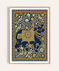 Ornate bull Indian Art Print with folk floral border
