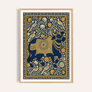 Ornate bull Indian Art Print with folk floral border