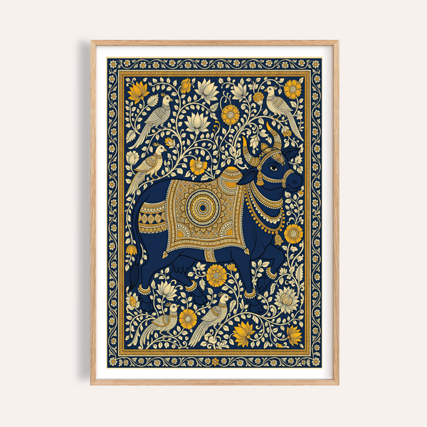 Ornate bull Indian Art Print with folk floral border