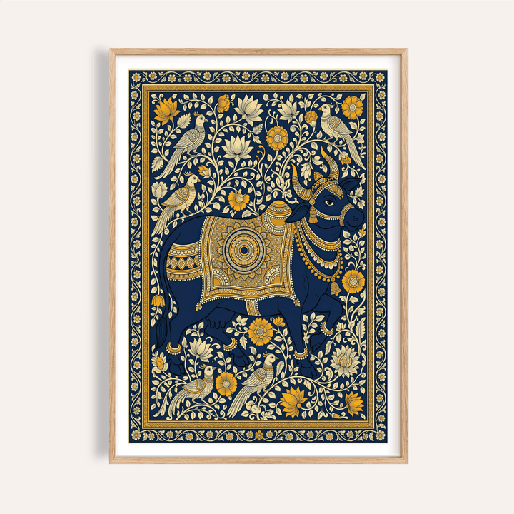 Ornate bull Indian Art Print with folk floral border